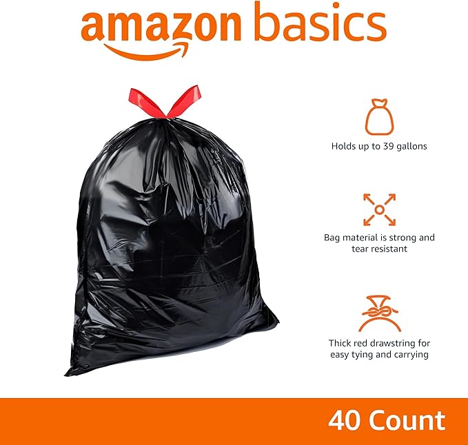 Amazon Basics Lawn & Leaf Drawstring Trash Bags,39 Gallon,40 Count (Pack of 4)