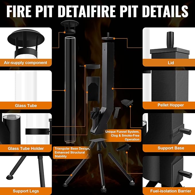 63" Wood Pellet Stove Outdoor Fire Pit with Safe-Guard Kit (Glove, Cover, Ground Stakes), Smokeless Spiral Flame Patio Heater with Quick-Extinguish Barrier for Backyard, Garden, Patio, Bonfire