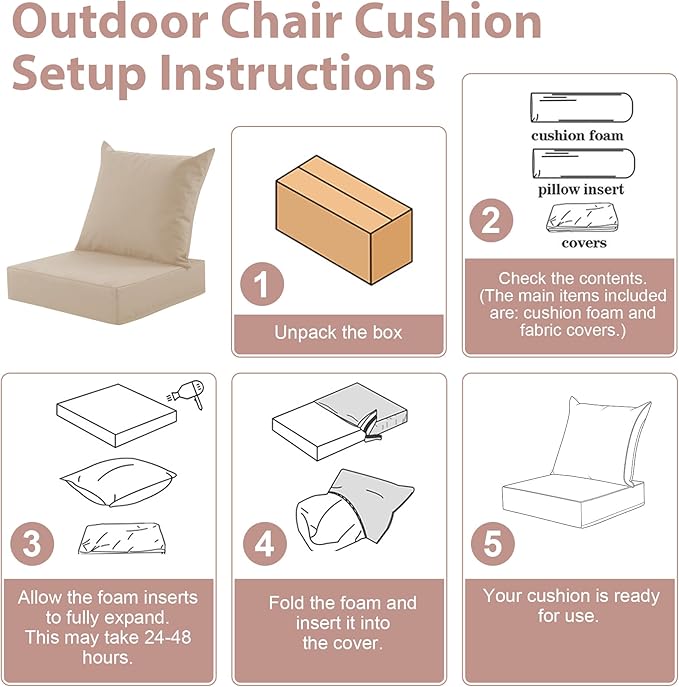 Outdoor Deep Seat Cushion Set, 24x24 Inch Water-Resistant & Fade-Resistant Outdoor Chair Cushions, Patio Furniture Cushions with Removable Cover for Patio Chair, Sofa, Beige (Set of 1)