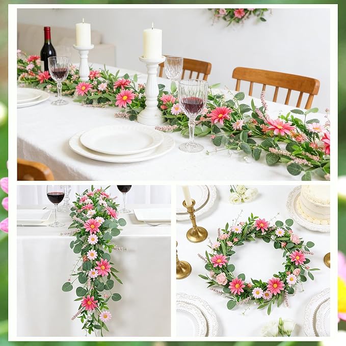 6 Ft Pink Flower Garland Silk Artificial Wildflower Daisy Flowers Faux Floral Garland Spring Flower Hanging Vines with Green Leaves for Fireplace Wedding Arch Wall Home Indoor Outdoor Party Decor