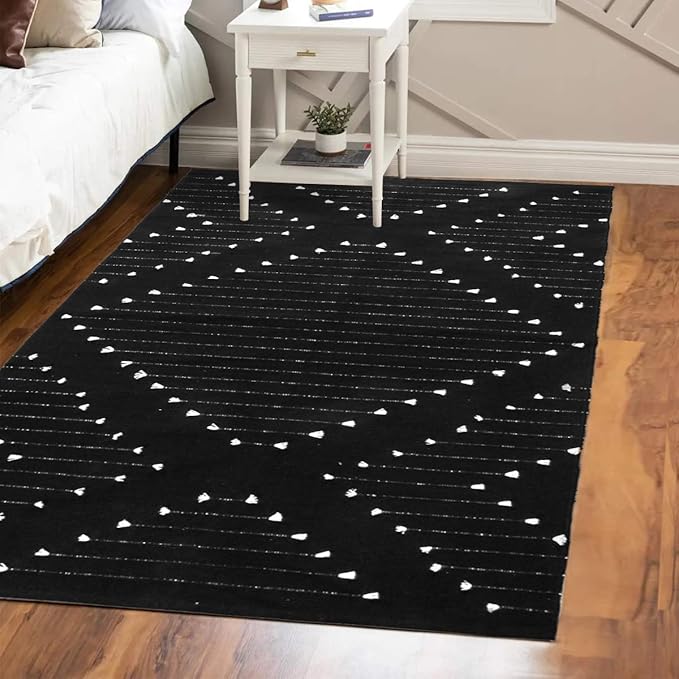 LIVEBOX Boho Black Rug 5x7, Large Washable Rugs for Living Room, Cotton Woven Bedroom Carpet, Moroccan Indoor Thin Throw Area Rugs for Dining Room,Dorm