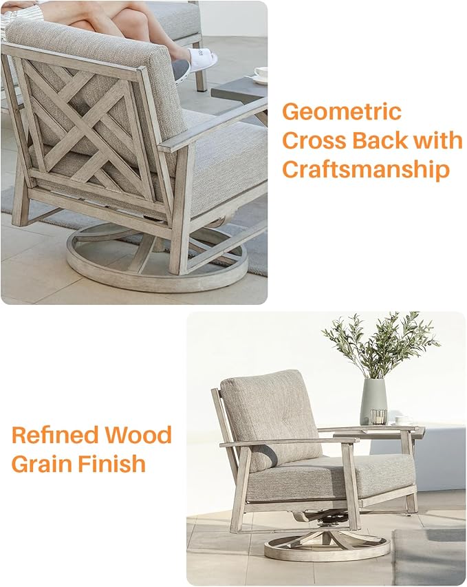 Outdoor Swivel Patio Chairs Set of 2, Outdoor Aluminum Swivel Armchair Conversation Set with Cushion, 2 Pieces All Weather Patio Furniture Sofa Chairs Set for Garden, Poolside, Lawn, White Oak