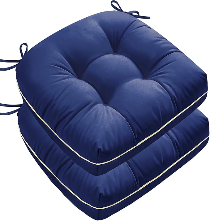 Outdoor Chair Cushions Set of 2, Outdoor Cushions for Patio Furniture and Wicker Chair, Memory Foam Patio Seat Cushion Pads with Ties, 19 x 19 Inch (Blue)