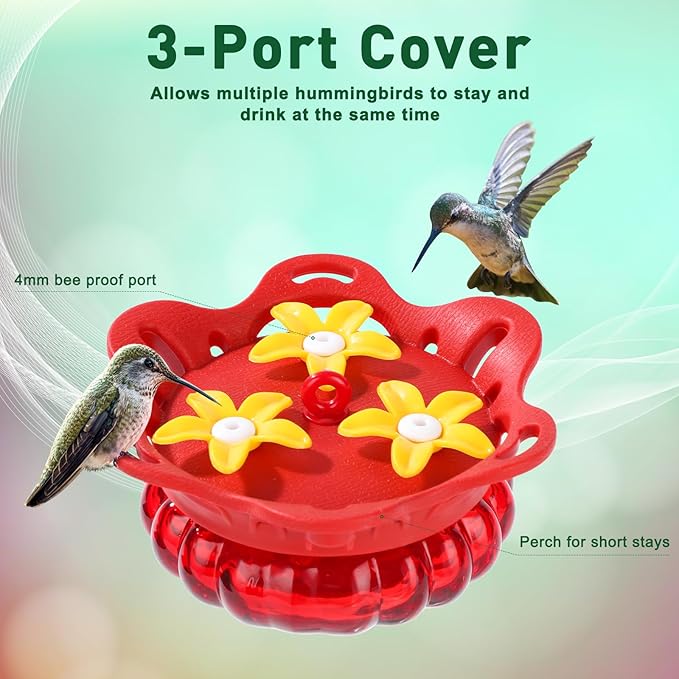 Set of 2 Glass Hummingbird Feeders for Outdoors Hanging with 3 Bee Guard Feeding Ports, 3.4OZ Handheld Humming Birds Feeders for Outside, Gifts for Women Mom, Red