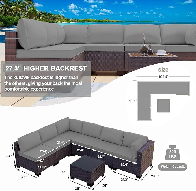 Kullavik 12PCS Outdoor Patio Furniture Set,PE Wicker Rattan Sectional Sofa Patio Conversation Sets with Tempered Glass Table,Swivel Rocking Chairs Set,Grey
