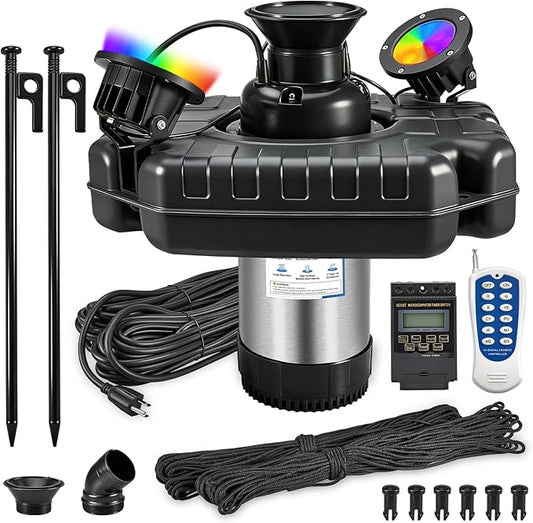 Pond Fountain Aerator with Lights, 1HP 15000 GPH Stainless Steel Floating Fountain with Timer, 100 FT Power Cord, 110V 750W, for Outdoor Backyard Water Garden