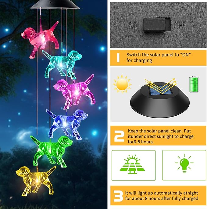 Dog Solar Wind Chimes for Outside - AIONASA Color Changing LED Solar Hanging Lights Outdoor, Waterproof Windchimes Outdoors Hanging Gifts for Mom Grandma Women, Home Garden Patio Yard Porch Decoration