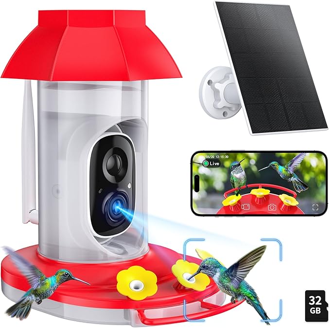 Hummingbird Feeder with Camera Solar Powered W/32G Card, AI Identify Bird Species, Ant Moat/Bee Proof, Hummingbird Cam Watching Live Video, Instant Notifications, Ideal Present for Bird Lovers