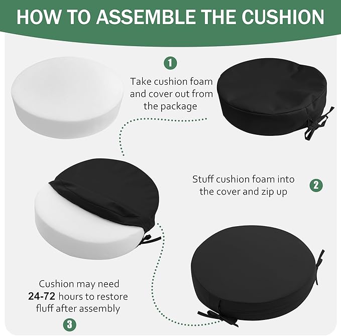 Outdoor Bistro Chair Cushions Set of 4, 15" D x 3" H Round Chair Cushions Waterproof and Fade Resistant Chair Cushion Pads with Non-Slip Ties and Removable Covers for Garden, Black