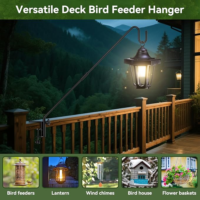 Heavy Duty Adjustable Deck Railing Hook - 28-Inch Outdoor Clamp-Mount Hanging System for Bird Feeders, Wind Chimes & Garden Decor (Fits 2.75" Thickness, Max 12lbs)