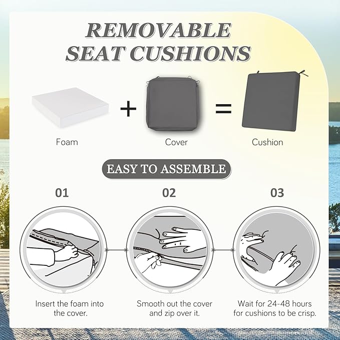 Waterproof Outdoor Chair Cushions Set of 2, Square Outdoor Seat Cushions with Ties and Removable Covers, 22 x 22 Outdoor Cushions for Patio Furniture with Portable Handle(Grey)