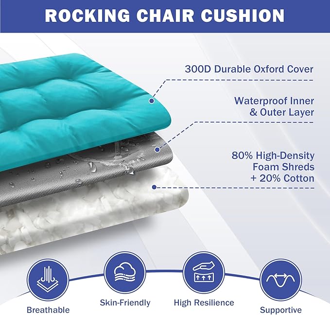 Rocking Chair Cushion, Waterproof and Fade-Resistant Patio Chair Cushions, Tufted Chair Pads for Rocker Furniture, 18x18 Inch, Indoor/Outdoor Seat Cushions with Ties, Teal Blue