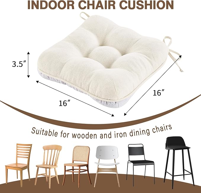 BETU White Chair Cushions for Dining Chairs Set of 6,3.5" Thick Kitchen Table Chair Pads with Ties,Non Slip Backing and Covers, Seat Cushion for Dining Room,Bar,Patio Chairs,16"X16"X3.5",White