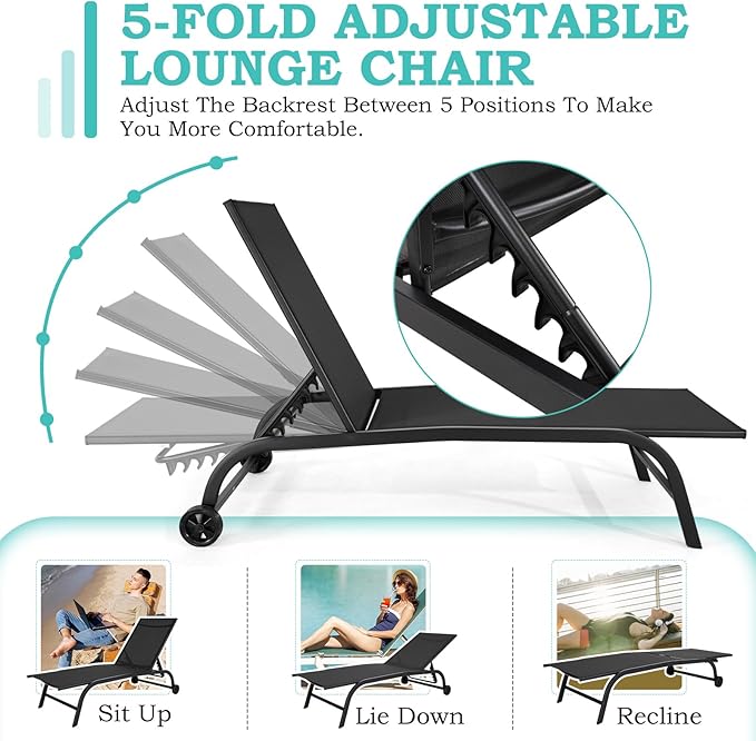 EROMMY Patio Chaise Lounge Chair Set of 2 with Table, Adjustable Backrest & Wheels, Oversized 26" W Outdoor Poolside Recliners for Garden, Deck, Lawn, Backyard