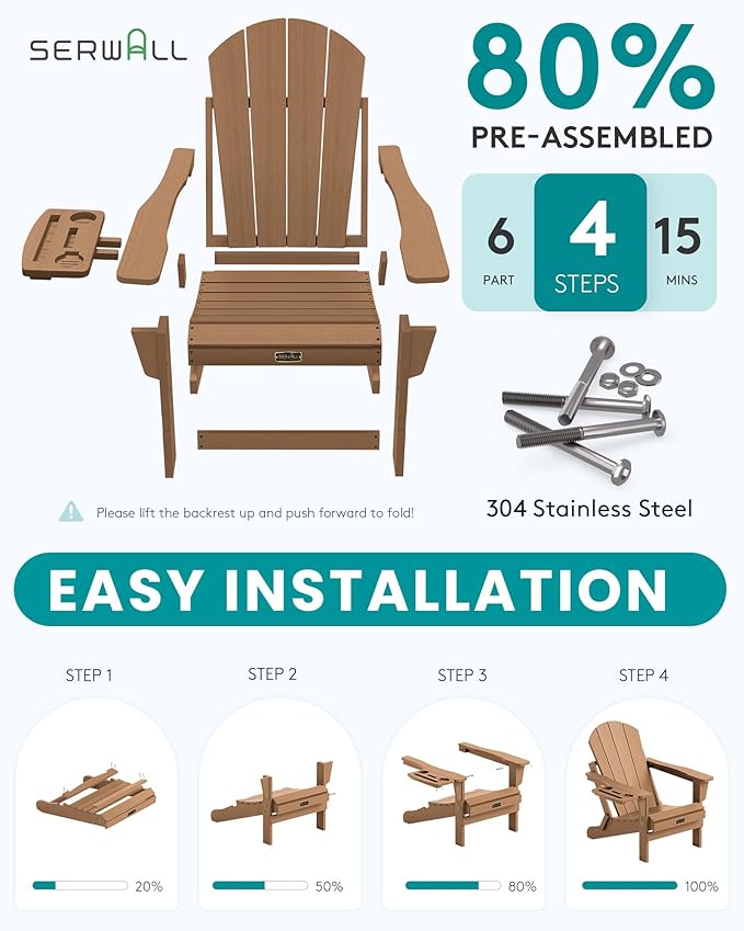 SERWALL Folding Adirondack Chair, Adirondack Chairs with 4 in 1 Multi-Functional Cup Holder, Wood-Like Patio Chair, Lawn Chairs, Weather Resistant HIPS Plastic Fire Pit Chair for Garden, Backyard