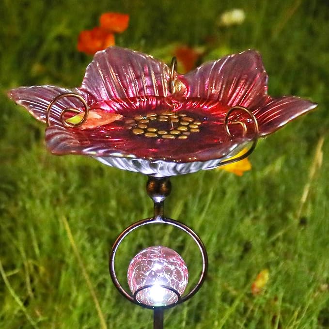 MUMTOP Glass Bird Baths for Outdoors, Flower Bird Baths Bowl with Solar Crackle Glass Globe Lights Decorations and Metal Stake for Outdoor Garden Yard Lawn Outside, Pink