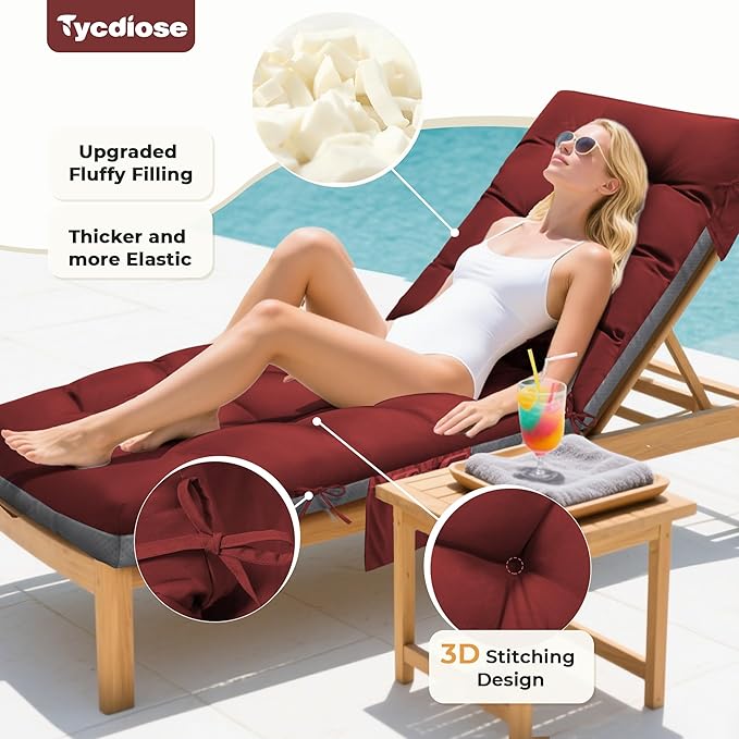 Outdoor Lounge Chair Cushion, Waterproof Replacement Chaise Lounge Cushions for Outdoor Furniture Thickened 71 x 22 x 4.7 Inches Non-Slip Patio Pool Lounge Chair Cushions with Ties (Red)