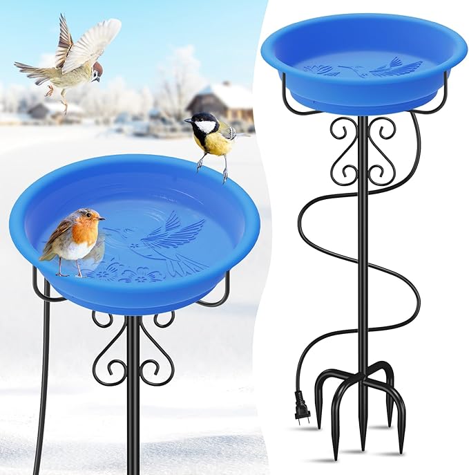Heated Bird Baths for Outdoors,Large Capacity 100W Thermostat Control Heated Birdbath with 5-Prong Metal Base Water Heated Bird Bath Bowl for Outside Winter Garden Patio Yard Lawn(Blue)