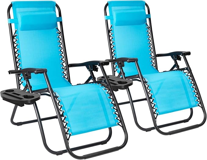 Flamaker Patio Zero Gravity Chair Outdoor Folding Lounge Chair Recliners Adjustable Lawn Lounge Chair with Pillow for Poolside, Yard and Camping (Blue)
