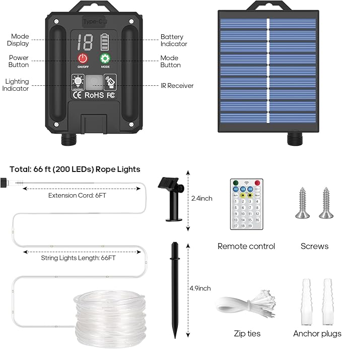 ICRGB Solar Rope Lights Outdoor, 66Ft 200LED 1800mAh Christmas String Lights with Remote, Type C, 19 Modes & Timer, IP67 Waterproof, Solar Light for Tree Patio Porch, Warm White to Multicolor