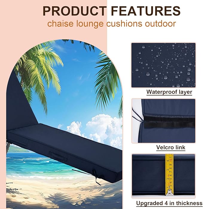 Outdoor Chaise Lounge Cushions, 4 Inch Thick Waterproof Fade Resistant Patio Furniture Lounger Chair Cushion Pad for Pool (1, Navy Blue, 72'' L x 21'' W x 4" T)