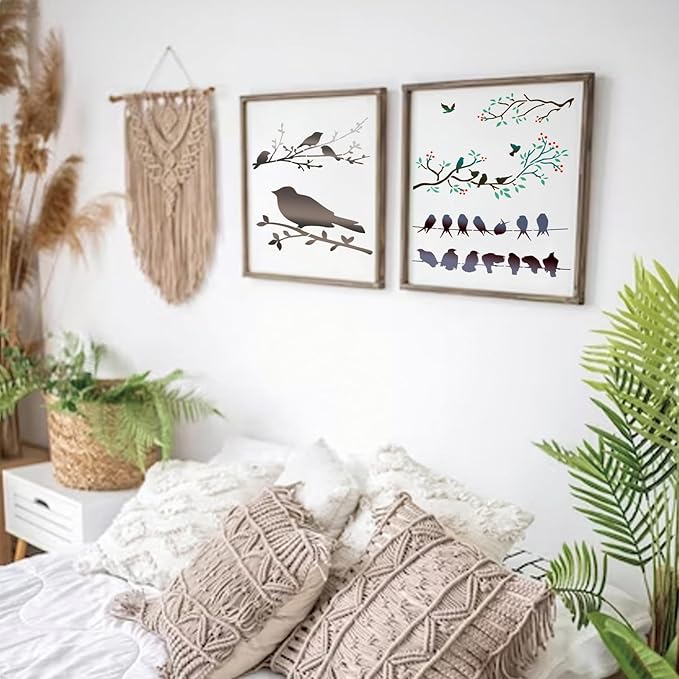 Birds Stencils for Painting on Wood Crafts - Reusable Hummingbird on Tree Branch & Owl Paint Stencil for Card Making, Wall, Fabric, Shirt, Furniture(12 Bird A6)