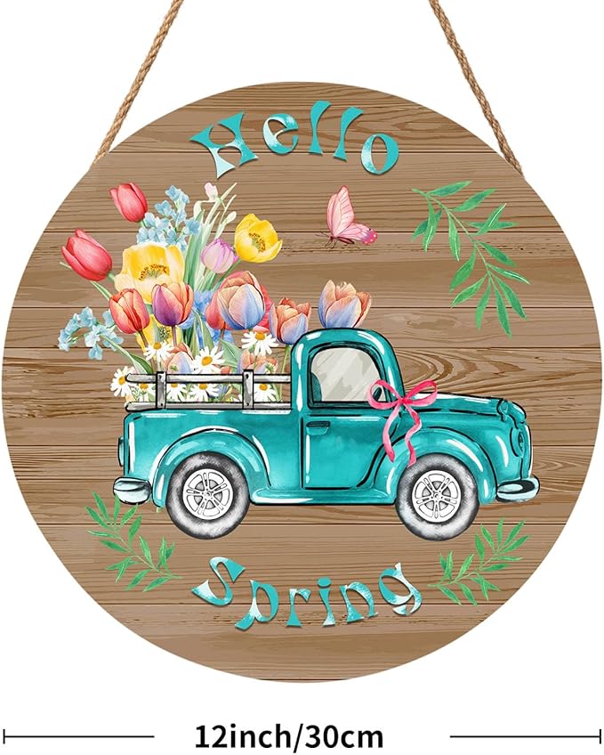 Hello Spring Blue Truck Door Sign For Front Door Decor,Colorful Tulip Flowers Butterfly Green Leaves Wooden Sign 12"x 12" Round Spring Hanging Door Sign Decoration for Wall Rustic Decor