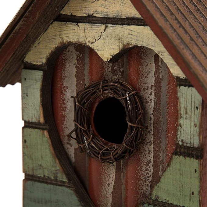 Glitzhome Hanging Bird House for Outdoor, 8.75" H Decorative Pet Cottage Distressed Heart Wooden Birdhouse for Outside, Garden Birdhouse for Bluebird Hummingbird Wren Finch Cardinals Cedar
