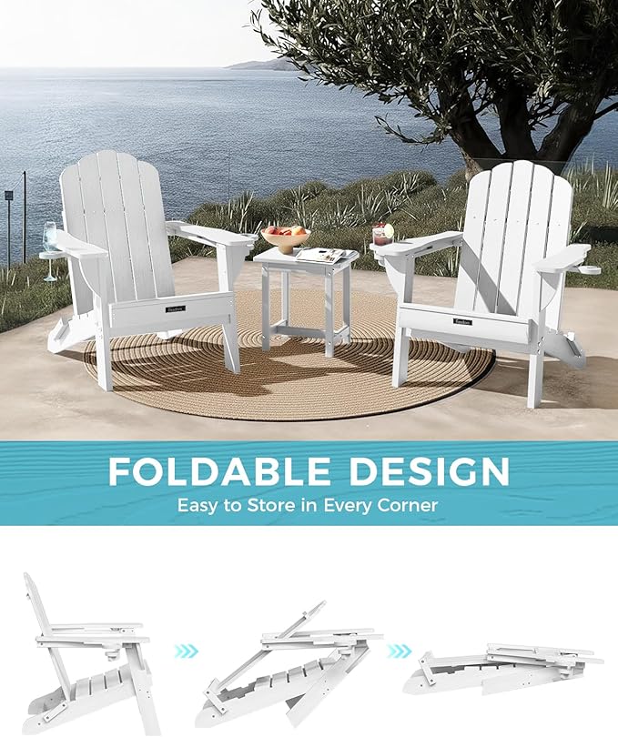 Adirondack Chairs Set of 6, HDPE Material Fire Pit Chairs, Plastic Adirondack Chairs with 2 Cup Holder, Outdoor Lawn Chair for Patio Garden,White