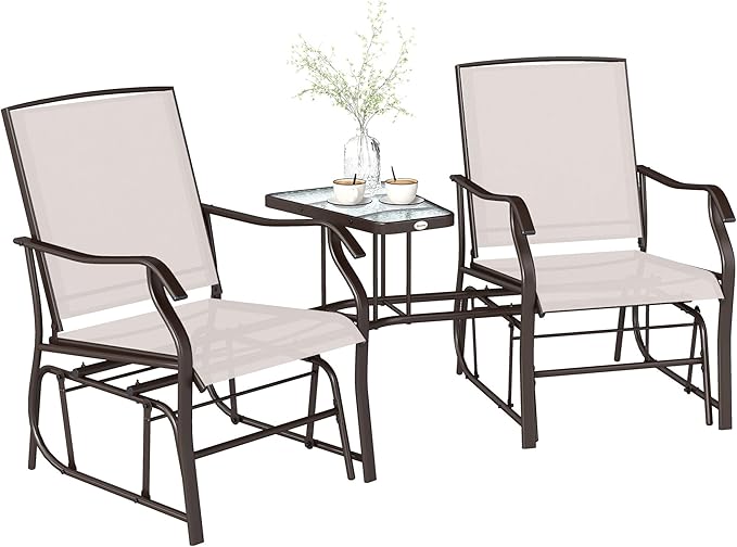 Outsunny Outdoor Glider Chairs with Coffee Table, Patio 2-Seat Rocking Chair Swing Loveseat with Breathable Sling for Backyard, Garden, and Porch, Beige