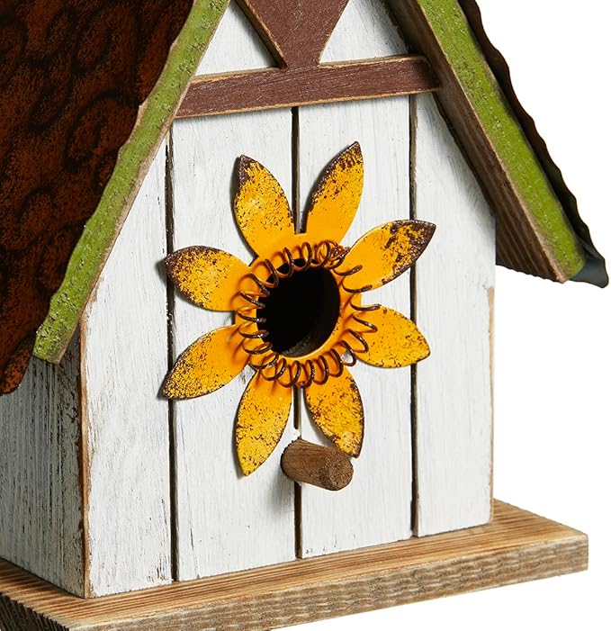 Glitzhome Bird Houses for Outside, Blue Bird Houses for Outdoors, 8.25" H Solid Wood Decorative Hanging Bird House Distressed Cottage Outdoor Garden Birdhouse with 3D Metal Roof and Flower