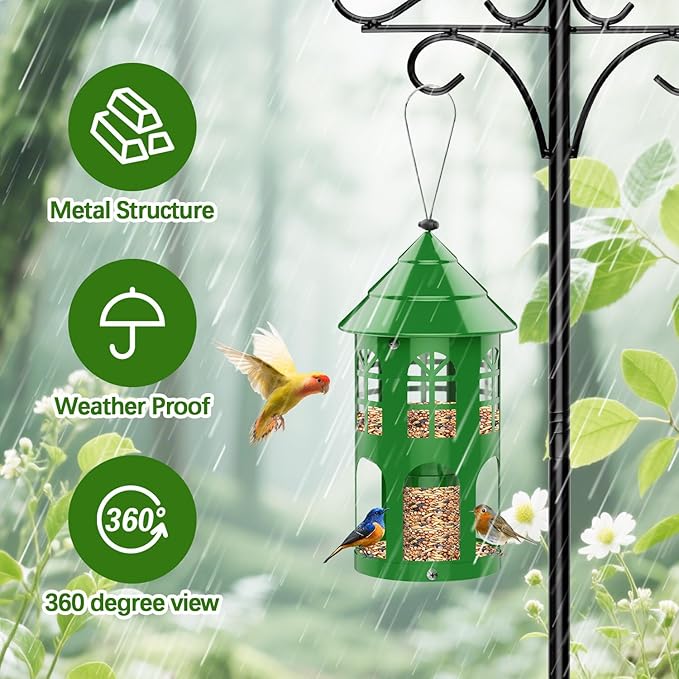 Metal Bird Feeder for Outdoor Hanging, Large Capacity Wild Bird Feeder with Weatherproof Roof & Squirrel-Proof Design, Easy to Fill & Clean, Ideal for Cardinals, Finches, and Blue Jays