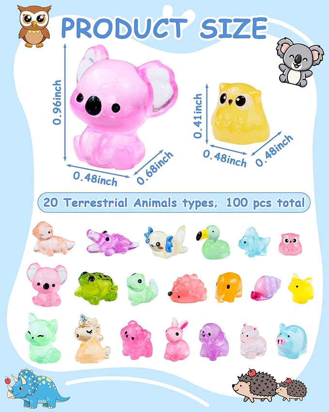 FIVEIZERO 100PCS Luminous Mini Resin Terrestrial Animals Bulk - 20 Styles Glow in The Dark Plastic Tiny Land Animal Figures for Dollhouse, Fairy Garden, Aquarium, Party Favors & DIY Craft Decor