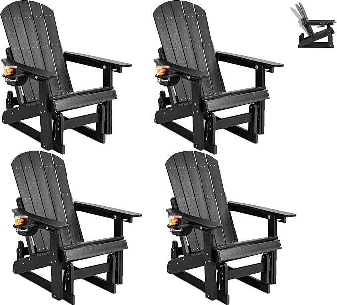 3-Position Adjustable Adirondack Chair with Cup Holder Set of 4, HDPE All-Weather Outdoor Glider Chair, Wood-Grain Fire Pit Chairs for Pool, Yard, Deck (Black)