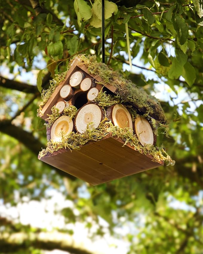 Spring Wren Bird House for Outside - Hard Wood Bird HouseNest Box for Outdoor - Moss Bird House with Cedar Rings- Gifts for Nature Lovers - Pole Mountable Bird House - 1.125" Entrance