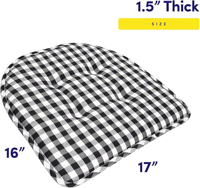 Sweet Home Collection Chair Cushion Memory Foam Pads Tufted Slip Non Skid Rubber Back U-Shaped 17" x 16" Seat Cover, 12 Pack, Checkered Black/White