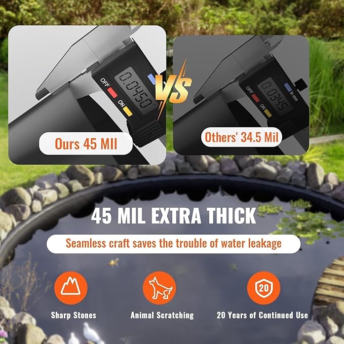 Garvee 10x10 ft Pond Liner, 45 Mil Thickness, Pliable & Durable EPDM Material, Easy Cutting & UV Resistant, for Fish or Koi, Features, Waterfall Base, Fountains and Water Gardens