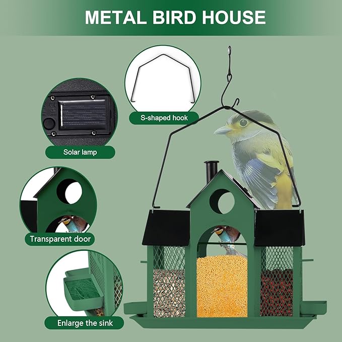 Solar Bird Feeder House for Outside Hanging, Large Capacity Birdhouse Bird Feeders Hanging for Outdoors, Metal Mesh Wild Birdfeeder for Finch Cardinal (Green and Black)