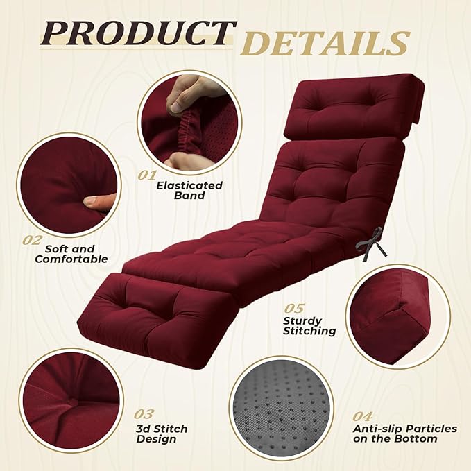 Chaise Lounge Cushions Outdoor Waterproof Lounger Chair Cushion Chaise Chair Cushions with Ties, Patio Recliner Thickened Lounge Chair Cushions for Indoor 74.4 x 22 x 4.7 Inches, Cushion Only(Red)