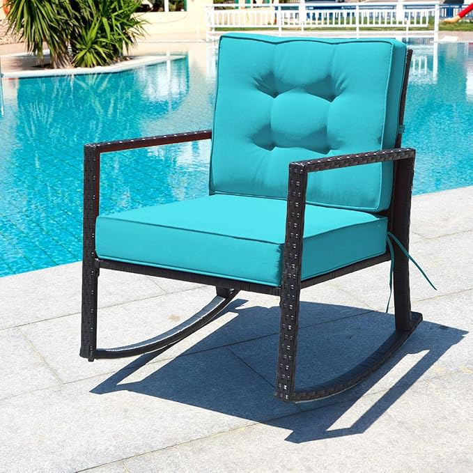 Tangkula Wicker Rocking Chair, Outdoor Glider Rattan Rocker Chair with Heavy-Duty Steel Frame, Patio Wicker Furniture Seat with 5” Thick Cushion for Garden, Porch, Backyard, Poolside (2, Turquoise)
