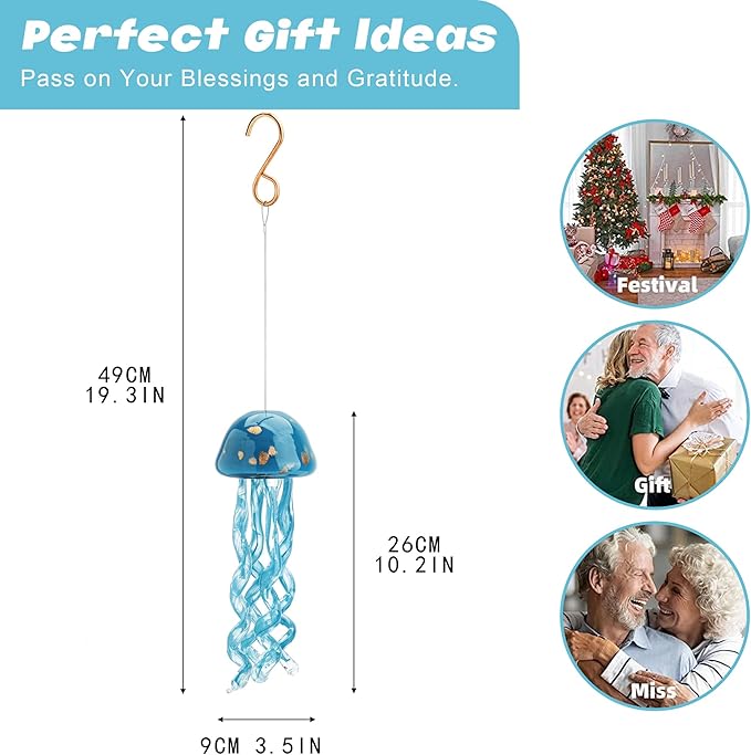 Handblown Art Glass Jellyfish Wind Chime,Glass Jellyfish Hanging Sun Catcher Wind Chime,Wind Chimes for Outside,Sea Glass Blown Wind Chimes for Beach Party,Wedding Decor(Aqua Blue)