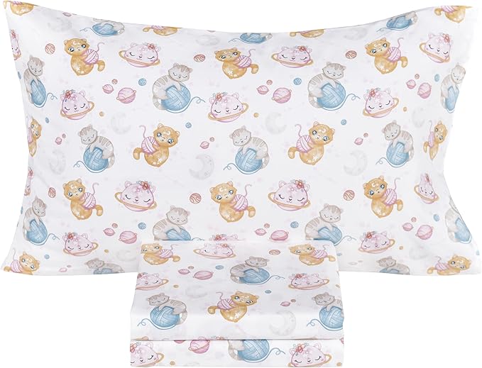 Scientific Sleep Space Cats Planet Kitty Cute Fun 100% Cotton Cozy Twin Bed Sheet Set, Flat Sheet & Fitted Sheet & Pillowcase Natural Bedding Set (Planet Cat, Twin)
