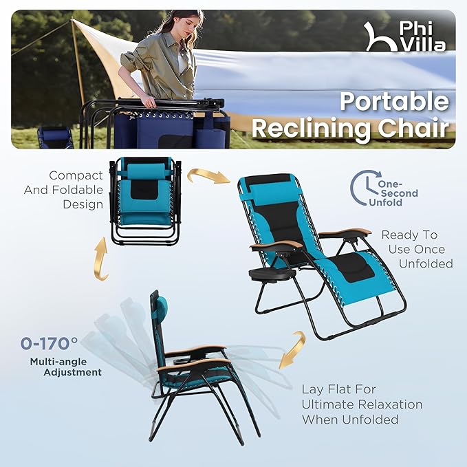 PHI VILLA XXL Oversized Padded Zero Gravity Chair, Foldable Patio Recliner, 30" Wide Seat Anti Gravity Lounger with Cup Holder, Support 400 LBS (Aqua)
