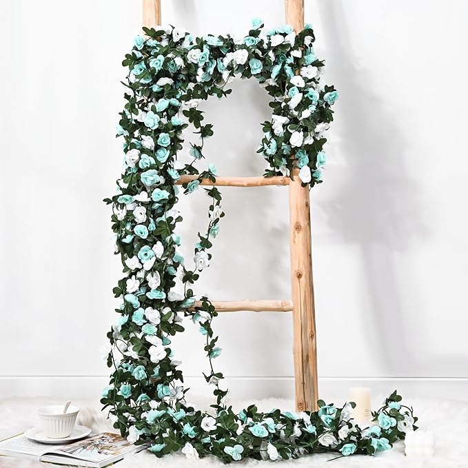 BLEUM CADE 12Pcs 98.4Ft Flower Garland Artificial Rose Vines for Bedroom, Cute Fake Hanging Flower Vines Floral Garland Decorations for Wedding Party Wall Room Decor Aesthetic