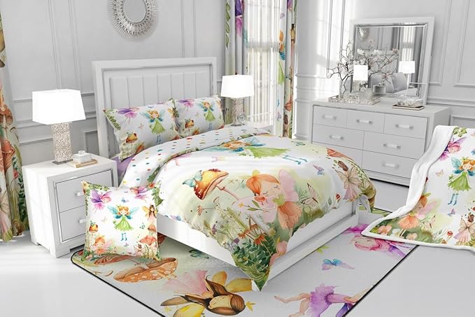 Erosebridal Fairy Garden Queen Bedding Set,Mushroom Butterfly Comforter Set for Girls Kids,Dreamy Fairy Floral Comforter,Cute Girly Princess Bedroom Room Decor,2 Pillowcases Lightweight