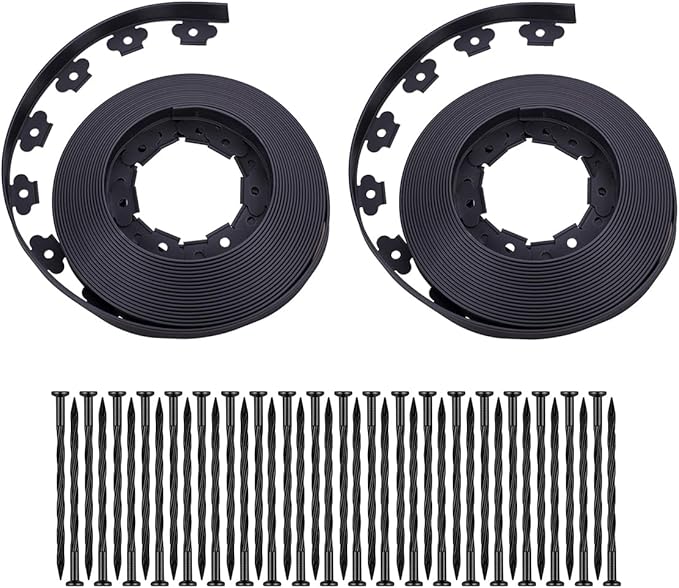 Garden Edging，100FT Landscape Edging 120 Stakes(8" 60Pcs& 6" 60Pcs) for Lawn 1.5 Inch Tall (Black, 100FT+120stakes)