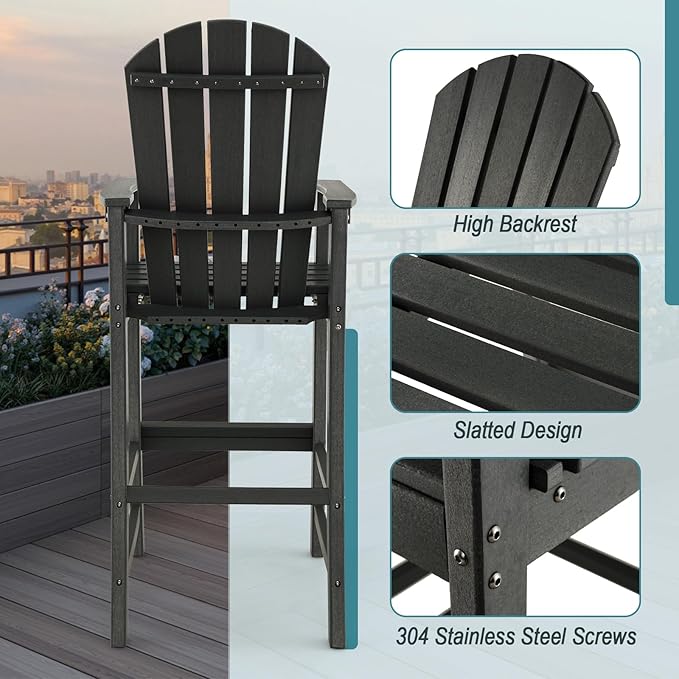 Giantex Outdoor HDPE Bar Stool, Tall Adirondack Chair with Armrests and Footrest, 30 Inches Counter Height Bar Stool for Garden, Backyard, Weather Resistance, Easy Maintenance (2, Black)