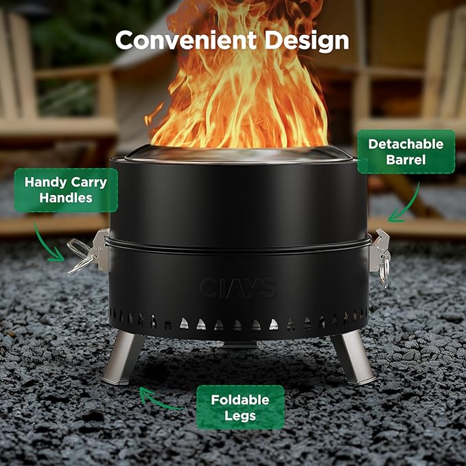 Ciays Smokeless Firepit, 21 Inch Fire Pit for Camping with Patented Technology, Portable Fire Pit for Outside with Steel Grill Rack, Fire Poker, and Bag, Easy Setup and Storage, Wood Burning (Black)