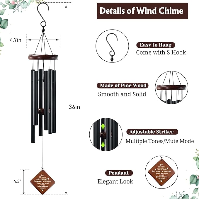 Memorial Wind Chimes for Grieving Hearts – 36" Sympathy Gift for Loss of Mom, Dad, Brother & Loved Ones | Hand-Tuned Soothing Tones, Durable Outdoor Decor for Garden, Patio, or Remembrance Space