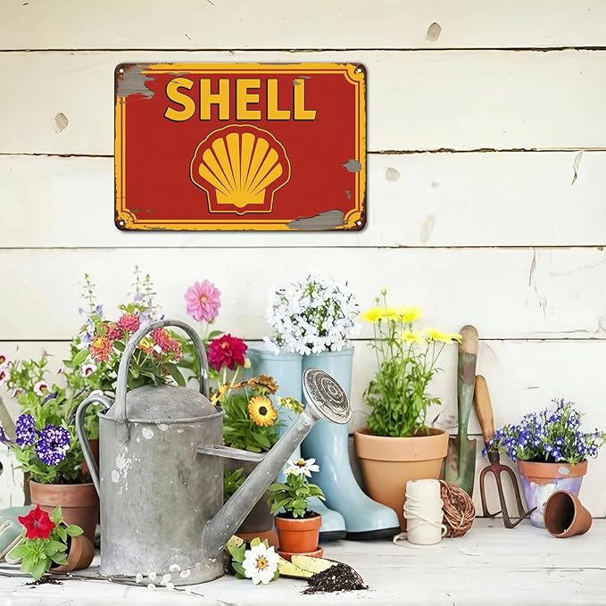 Shell Gas Station tin sign Vintage Fuel and Gasoline Metal Sign Print Aesthetic for Garden Yard Bar Porch Home Bedroom Kitchen Wall Decor Gift 8 x 12 in